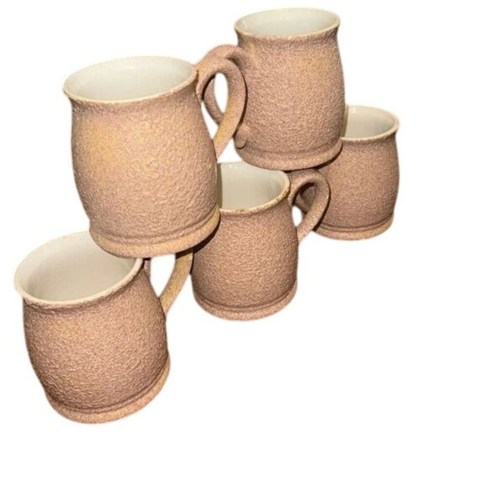 Set Of 5 Beige Textured Ceramic Coffee Mugs